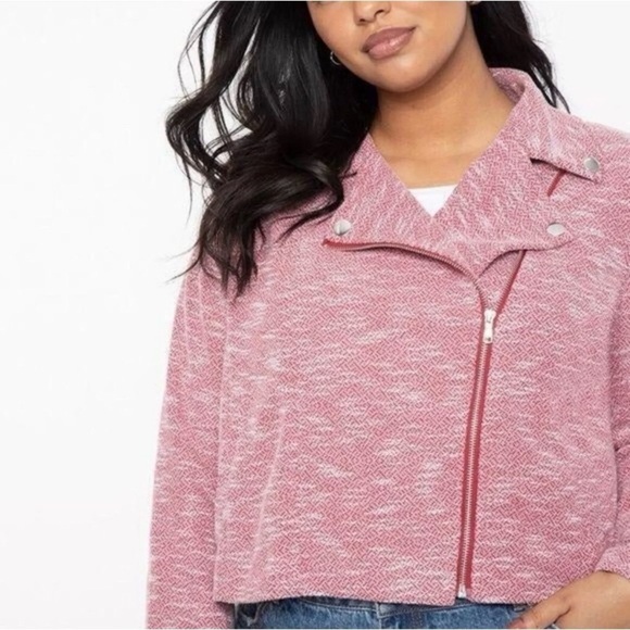 Eloquii Red White Tweed Knit Moto Jacket Size 14/16 Cropped Asymmetrical Zip - Picture 1 of 10